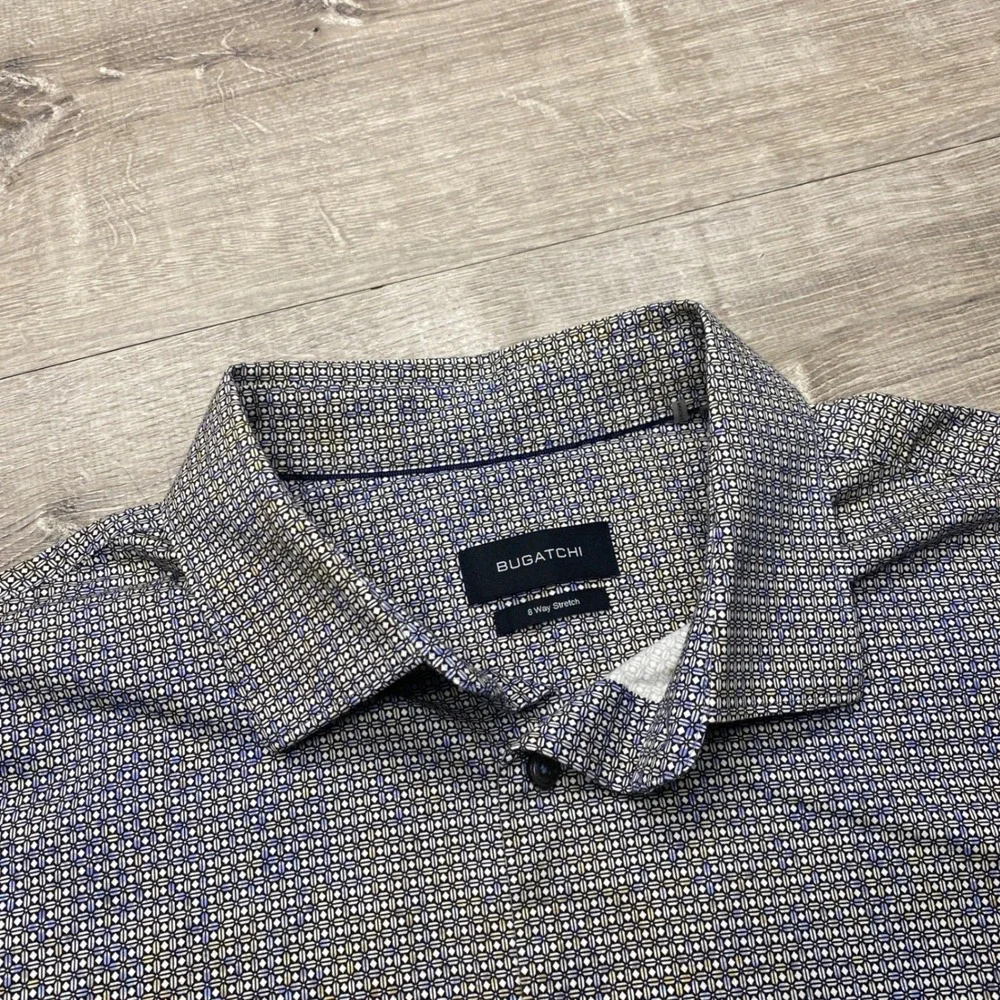 Bugatchi Button Down Mens XL Blue 8 Way Stretch Geometric Print Casual Business - Picture 3 of 6